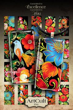 an advertisement for the artful beauty brand with colorful flowers and birds on black background