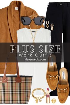 Plus Size Wide Leg Pants Work Outfits for fall with black wide leg pants, a cardigan, mules, and a Burberry tote bag by Alexa Webb. Fall Plus Size Work Outfits, Plus Size Fall 2024 Fashion, Sophisticated Plus Size Outfits, Plus Size Outfits With Loafers, Plus Size Slacks Outfit, Plus Size Fall Work Outfits, Alexa Webb 2024, Fall Work Outfits For Women Plus Size, Plus Size Fall Outfits For Work