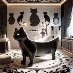 a black and white bathroom with cats on the wall, bathtub and rugs