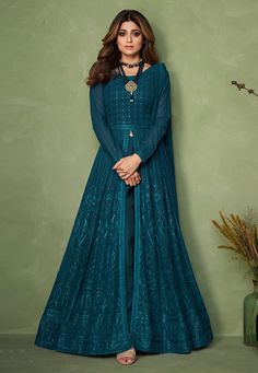 Buy Indian Party wedding wear salwar Shamita shetty teal georgette indo western lehenga choli 9144 online in USA, UK and Canada from KollyBollyEthnics.com Cheap Bollywood Dress For Festive Occasion, Western Dress From Old Saree, Western Dresses For Women Gowns, Indo Western Lehenga, Western Lehenga, Long Choli Lehenga, Teal Suit, Shamita Shetty, Indo Western Gown