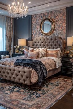 a bedroom with a large bed and chandelier