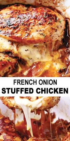 the french onion stuffed chicken is being served in a casserole dish with melted cheese on top