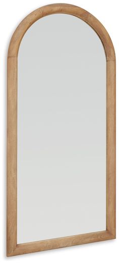 an arched wooden mirror on a white wall