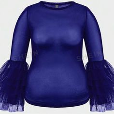 Nwt - This Sheer/Mesh Blouse Is Both Elegant And Sexy! Cascading Ruffle Sleeve Fitted With Stretch Navy Blue One In Stock But Can Get More Just Let Me Know Your Size! Blue Tops With Mesh Sleeves For Summer, Stretch Mesh Top For Party, Sheer Mesh Top For Club In Spring, Spring Sheer Mesh Top For Club, Chic Sheer Mesh Top For Club, Sheer Mesh Top For Club And Spring Season, Sheer Mesh Top For Spring Clubbing, Sheer Sleeves Mesh Top For Club In Fall, Mesh Top For Spring Party