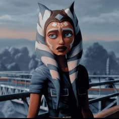 an animated character with blue eyes and white markings on her face, standing in front of a bridge