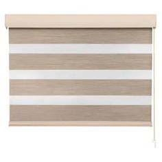 a beige and white roman blind with horizontal stripes on the top, in front of a white background