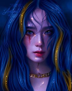 a digital painting of a woman with blue hair and gold chains around her neck, looking at the camera