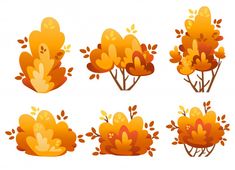 the different types of trees with leaves and branches in orange colors on a white background