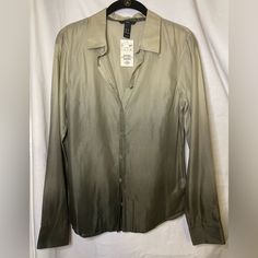 Nwt H&M Semi Sheer Ombr Light To Dark Olive Green Button Down Shirt Size 8 100% Cotton Classic Lightweight Note: Second Button Is Missing, (See Picture As I Pointed It Out With A Hanger) There Is A Button That Is Attached To The Inside Where The Care Instructions Are That One Can Use To Fix, Also In The Back As Zoomed In There Is A Random Tiny Dot And Line (See Zoomed In Picture Of The Back Under The Color, I Also Pointed It Out With A Hanger) - This Has Never Been Worn, I Just Never Noticed The H&m Button-up Tops For Workwear, Fitted H&m Shirt With Buttons, H&m Collared Blouse For Fall, H&m Button-up Tops For Fall, H&m Fitted Button Shirt, Olive Tops With Button Closure For Work, H&m Green Tops For Fall, Olive Workwear Tops With Button Closure, Fitted Khaki Button-up Shirt