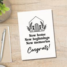 a card that says new home, new beginnings, new memories, congrats