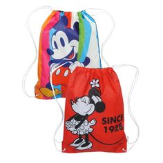 There is nothing better than the Mickey and Minnie Mouse pairing! > Set Includes: (1) Disney Mickey Mouse Non-Woven Drawstring Sling Cinch Bag Stripes & (1) Disney Minnie Mouse 18" Drawstring Non-Woven Cinch Sling Bag Red > Mickey drawstring bag featuring a graphic print of Mickey in his vintage color scheme of dark blue instead of the classic black pulling on some colored stripes.Minnie drawstring bag featuring a graphic print of Minnie in her vintage 1928 outfit (Flower hat & polka-dot skirt). Vintage Color Schemes, Disney Tote Bags, Birthday Goodie Bags, Cinch Bag, Disney Handbags, Minnie Mouse Girl, Flower Hat, Disney Bag, Disney Merchandise