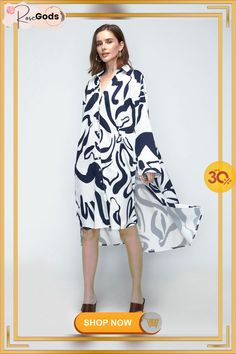 Daily Abstract Printed Long Sleeve Shirt Dress Inexpensive Dresses, Collar Pattern, Long Sleeve Midi, Long Sleeve Shirt Dress, Abstract Styles, Types Of Dresses, Shirt Collar, Abstract Print, Long Sleeve Shirt