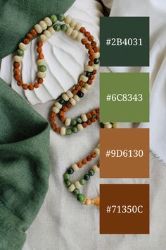 the color scheme is green, brown, and white with an orange beaded necklace