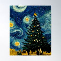 a painting of a christmas tree with stars in the night sky and people standing around it