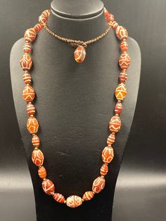 Antique ancient etched carnelian beads necklace beautiful colour Artisan Carved Amber Necklace, Traditional Orange Gemstone Beads Necklace, Traditional Red Agate Beaded Necklaces, Traditional Orange Gemstone Bead Necklaces, Traditional Orange Necklace With Natural Stones, Traditional Orange Carnelian Beaded Necklace, Traditional Red Carved Necklace, Artisan Orange Necklace With Oval Beads, Traditional Carnelian Oval Beads Necklace