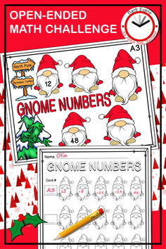 a christmas themed math challenge with gnomes and santa hats on the front, and one number