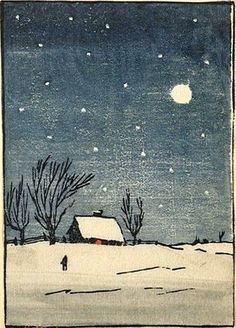 a drawing of a person standing in the snow with a house and trees behind them