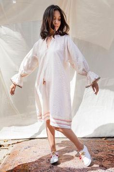 Shop for Nika by Nikasha White Textured Cotton Dress for Women Online at Aza Fashions Cotton Dresses Online, Dress With Embroidery, Luxury Sale, Textured Dress, Embroidered Neckline, White Texture, Dress For Women, Festival Wear, Dress White