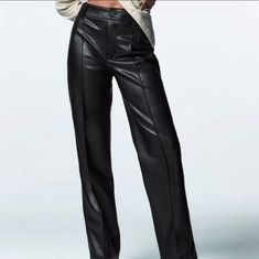 Zara, Gorgeous Black Faux Leather Pants Francoise Pants, High Waisted Black Trousers, High Waisted Straight Leg Pants, Zara Leather Pants, Red Dress Pants, Black Faux Leather Pants, Professional Pants, Brown Leather Pants, Pleather Pants