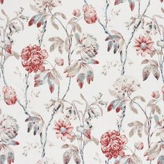 a white and red floral wallpaper with lots of flowers on the top of it