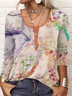 T shirt Tee Pink Navy Blue Blue Floral Button Print Long Sleeve Holiday Weekend Basic Round Neck Regular Floral Painting S for Women - LuckyFash™ Holiday Weekend, Tshirts Online, Floral Painting, Shirt Online, Blue Floral, Long Sleeve Tshirt, Round Neck, Tee Shirts, Floral Prints