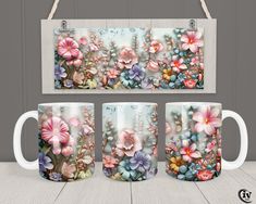 Coffee Mug Sublimation Template, Template Flower, Diy Frühling, Flower Mug, Mug Template, Diy Spring, Spring Theme, Cadeau Diy, Mug Wrap