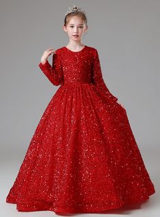 Your little princess will be the star of the show in this glamorous red sequin dress! The dress boasts a classic a-line silhouette with a scoop neckline and long sleeves, and is adorned with shimmering sequins that catch the light beautifully. The dress is fully lined for comfort, so your little girl can move and play with ease. Perfect for weddings, formal events, and photoshoots, this dress is sure to make a statement wherever she goes! Christmas Tulle, Christmas Formal, Red Flower Girl Dresses, Dresses Christmas, White Ball Gowns, Cheap Flower Girl Dresses, Red Sequin Dress, Girls Dresses Online, Sequin Dresses