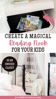 a book shelf with books on it and text overlay that reads create a magic reading nook for your kids