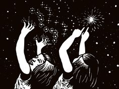 black and white illustration of two women holding sparklers in their hands with snow falling on them