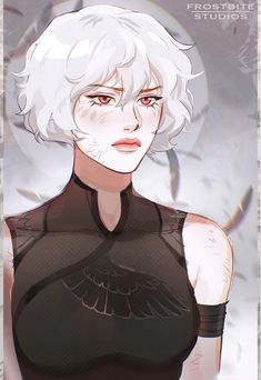 a drawing of a woman with white hair and red eyes, wearing a black top