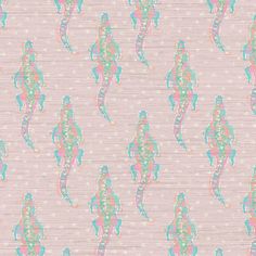 a pink background with colorful mermaids and dots on the bottom right corner, in pastel colors