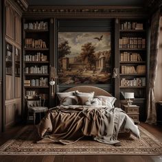 a bedroom with bookshelves and paintings on the wall