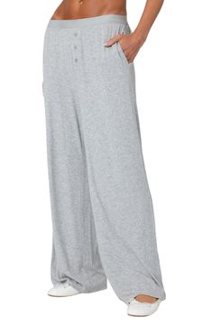 Feel the comfort of these cozy cotton-blend lounge pants updated with wide legs and handy side pockets. Elastic waist Side-seam pockets 45% cotton, 45% polyester, 10% spandex Machine wash, dry flat Imported Cotton Sleep Pants With Pockets, Cotton Wide Leg Loungewear Pants, Cotton Wide Leg Pants For Loungewear, Wide Leg Sleep Pants With Pockets, Casual Sleep Pants With Pockets, Sleep Pants With Pockets And Wide Leg, Gray Cotton Wide Leg Full-length Pants, Gray Cotton Wide Leg Full Length Pants, Gray Full-length Cotton Wide Leg Pants