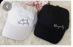 two black and white hats with the words, after the party written on them next to a pink flower