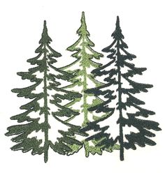 three green pine trees are shown in this embroidery pattern, and one is on the left side of the image