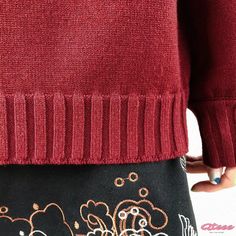 Qteee - Exquisite Vintage Knitted Sweater with Koi Fish Embroidery Casual Wool Cropped Sweater With Long Sleeves, Casual Wool Cropped Long Sleeve Sweater, Casual Long Sleeve Wool Cropped Sweater, Red Fine Knit Sweater, Red Fine Knit Crew Neck Sweater, Casual Fine Knit Cropped Sweater For Winter, Knit Cropped Sweater With Crew Neck, Winter Crew Neck Cropped Knit Sweater, Winter Cropped Crew Neck Knit Sweater