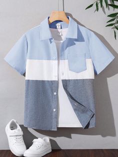 Tween Boy Loose Fit Casual Colorblock Short Sleeve Button-Down Collared Shirt Blue Casual  Short Sleeve Cotton  Shirt Non-Stretch  Tween Boys Clothing, size features are:Bust: ,Length: ,Sleeve Length: Colorblock Outfits, Colorblock Shirt, Color Blocking Outfits, Color Full, Boys Top, Boys Clothing, Boys Shirts, Sleeve Cotton, Boy's Clothing