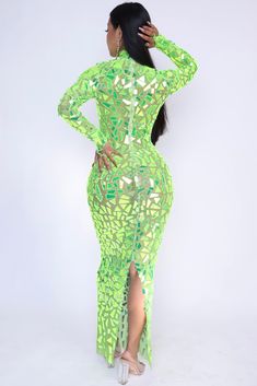 Embrace the luck of the Irish in our turtleneck, long sleeved neon green mesh dress. Featuring neon green mirrored plates and a zipper on the back for easy access, this dress is perfect for standing out in any crowd. Model is wearing a size small. Green Mesh Dress, Jumpsuit Jacket, Leggings Sale, Luck Of The Irish, Maxi Gowns, Bustier Top, Crop Top Blouse, Plus Size Jeans, Mesh Dress