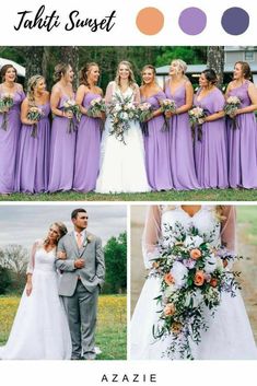 the bride and groom with their bridal party in lavenders, peaches, and greenery