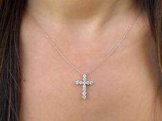 Up for sale is a Beautiful 14K Diamond Cross Necklace Pendant This classic Pendant features Genuine Diamonds. * 1 gram chain 14K is included with purchase Specifications: -Model #: J&K#3011 -Metal Type Available: 14K White Gold, Rose Gold, Yellow Gold -Size of Pendant: 22 MM X 17 MM -Height: 3.2 MM -Gold Weight: 1.7 Grams -Total Diamond Weight: 1.00 carats -Color: F -Clarity: SI *18K GOLD & PLATINUM ALSO AVAILABLE WITH ADDITIONAL COST CUSTOM MADE TO ORDER *CHAINS DO NOT COME IN 18K GOLD Diamond Cross Necklace, Cross Shape, Diamond Cross Pendants, Diamond Cross, Diamonds And Gold, Fine Jewels, Diamond Fashion, Brilliant Diamond, Round Brilliant Cut Diamond