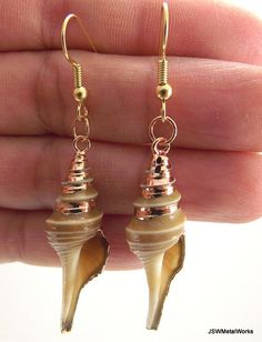 Gold Turrid Shell Earrings Beach Jewelry Gold by JSWMetalWorks Gold Dangle Earrings For Beach, Gold Dangle Earrings For Beach Season, Gold Shell For Beach Season, Gold Shell Dangle Earrings, Gold Earrings For Beach Season, Beachy Gold Dangle Earrings, Elegant Gold Jewelry For Beach Season, Beachy Gold Shell For Summer, Gold Dangle Shell Earrings For Summer