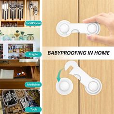 baby proofing in home with instructions for the door handle and drawer knobs on it