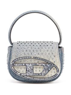 blue cotton leather denim crystal embellishment silver-tone logo plaque single circular top handle foldover top with magnetic fastening adjustable detachable shoulder strap main compartment Diesel 1dr, Diesel Bag, Cross Bag, Bag Light, Timeless Handbag, Cute Bags, Designer Style, Chain Bags, Blue Bags