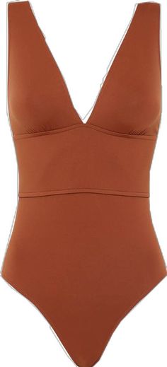 Brown Fitted V-neck Swimwear, Fitted Brown V-neck Swimwear, Fitted Shapewear V-neck Swimwear, Fitted V-neck Shapewear Swimwear, Fitted V-neck Swimwear Shapewear Style, Fitted V-neck Swimwear With Built-in Bra, Fitted Seamless V-neck Swimwear, Sustainable Fabric, Luxury Swimwear