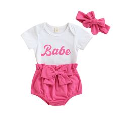 BABE Pink Outfit with Headband - Hazel & Bo Pink Outfit Set, Pink Headband, Baby Girl Shorts, Bow Shorts, Perfect Summer Outfit, Pink Headbands, Pink Set