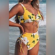 Nwt Cupshe Yellow Floral High-Waisted Bikini In Size Large! 80% Chinlon, 20% Spandex Lace Up Bikini Top With High Straps And Lace Up High-Waisted Bottoms Removable Padded Cups High Waist Yellow Bottoms For Poolside, Yellow High Waist Swimwear For Beach Season, Spring High-waist Yellow Swimwear, Yellow Fitted High-waist Swimwear, High Waist Yellow Swimwear For Beach, Yellow High Waist Summer Swimwear, Yellow High-waist Summer Swimwear, Yellow Tankini For Spring And Summer, Yellow Spring Tankini