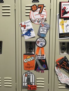 several lockers with various badges and magnets on them