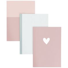 three pink and white greeting cards with a heart on the front, two are blank