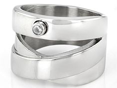 Sophisticated Steel® stainless steel with white diamond simulant accent split band ring. Ring measures approximately 5/8 of an inch in width and is not sizeable. Elegant Stainless Steel Diamond Promise Ring, Elegant Stainless Steel Stackable Rings, Modern Stackable Rings With Cubic Zirconia, Silver Stainless Steel Stackable Rings, Modern Stainless Steel Ring For Formal Occasions, Modern Stainless Steel Ring For Formal Events, Modern Stainless Steel Rings With Polished Finish, Modern Stainless Steel Jewelry With Diamond Accents, Modern Channel Set Stackable Rings