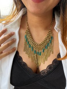 Multi Layer Chain Gold Bib Necklace with Blue Beads, African Boho Style Jewelry Layer Chain Gold, Gold Bib Necklace, Layer Chain, Bold Statement Necklaces, Boho Style Jewelry, Layered Chains, Urban Looks, Bohemian Necklace, Chain Gold